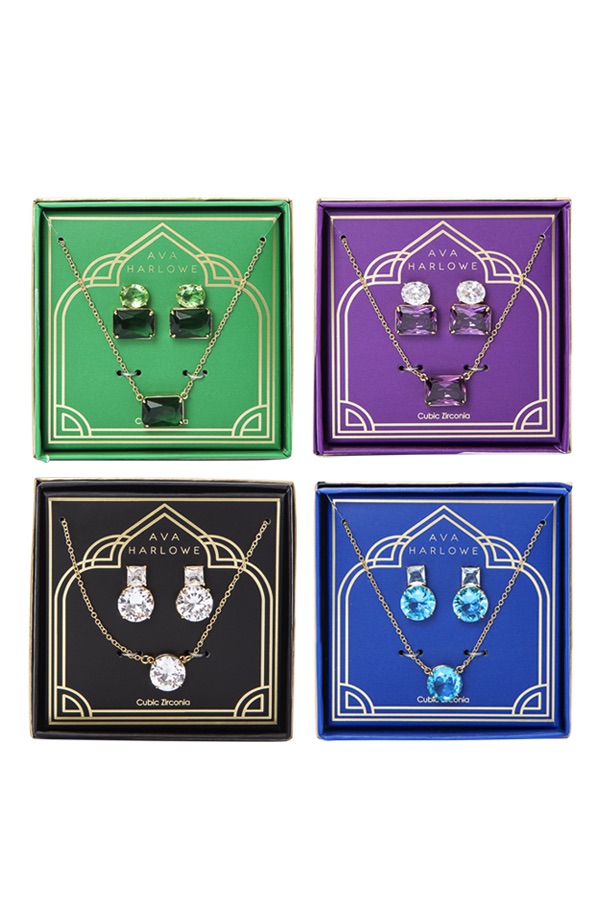 Colored Gem Necklace Earring Set Assorted