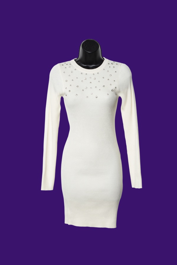 Cream Rhinestone Mockneck Sweater Dress