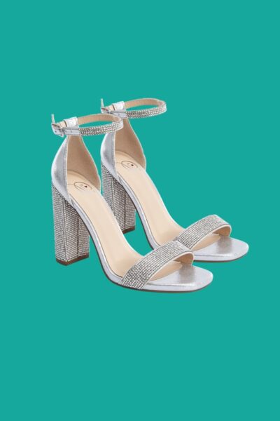 Ladies Silver Rhinestone Block Heels