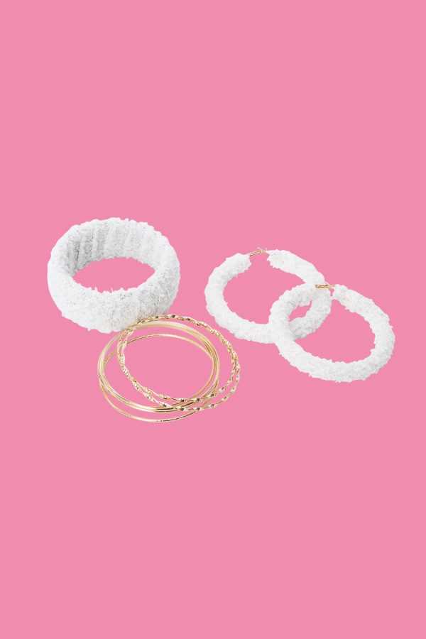 White Fur Earrings Bracelet Set